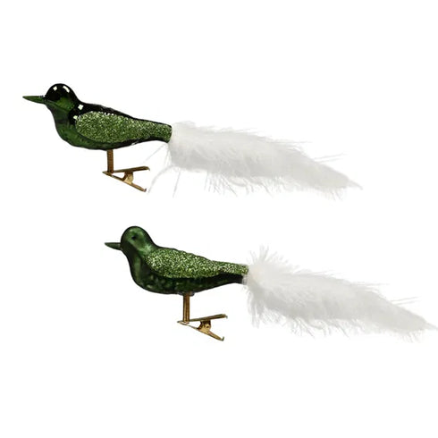 Fågel på klämma, H 6cm, B 17cm, Glas, Dusty-grön med fjäder.