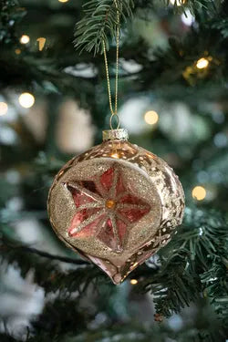 Figurkulor i glas, Öppen m. stjärna i guld med glitter, H10,5cm, Guld