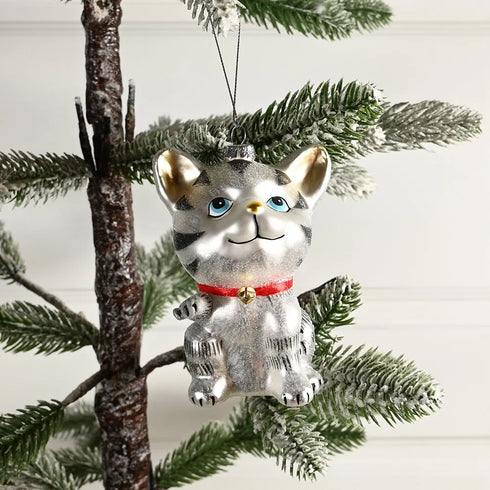 Katt för upphängning, H 12,2cm, Grå med röda detaljer