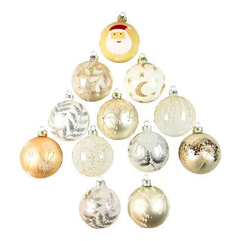 Julkulor i glas, Flerfärgade Beige/Guld, 12 ass/box, Dia. 8cm