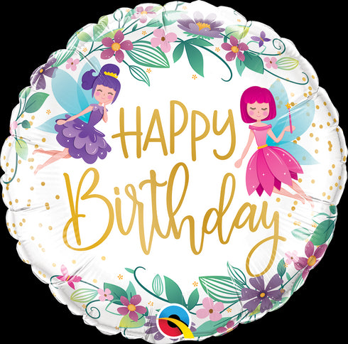 18" ROUND QX FOIL PRINT 001CT BDAY WILD FLOWER FAIRIES