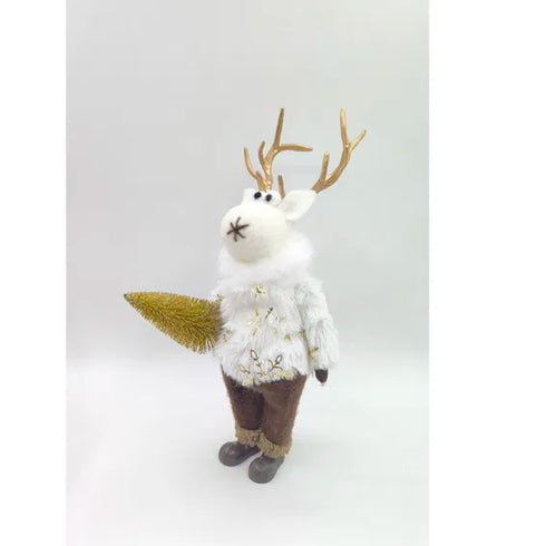 Ren med julgran, H10cm, Polyester, vit