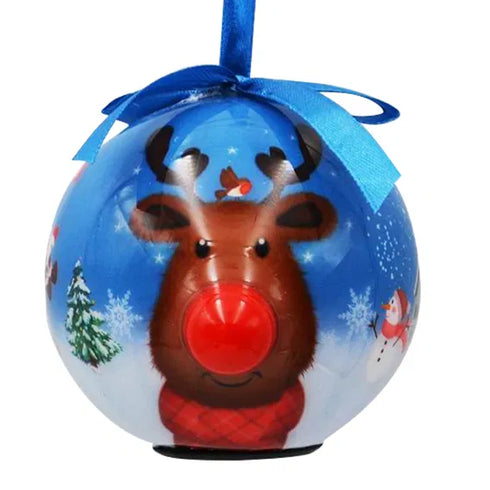 Julgranskula med LED - Ren "Rudolf" med röd lysande mule, Dia. 8cm, Blå