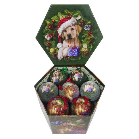 Julkulor, Gröna m. hundar, Dia7,5cm, Styrofoam, 14/låda