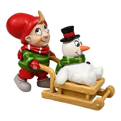 Tomte med släde och snögubbe, H 6cm, Röd, Julius