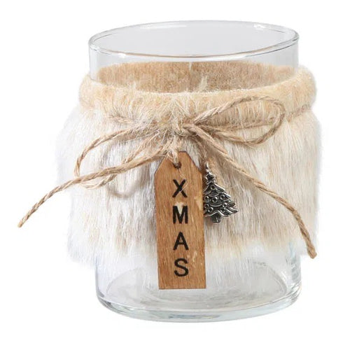 Ljuslykta, med päls, H8cm, Glas, Natur