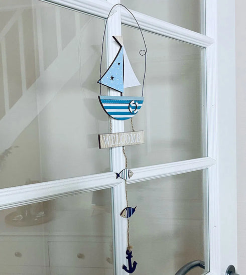 Båt för upphängning, med välkomstskylt, H46cm, Trä,/Blå