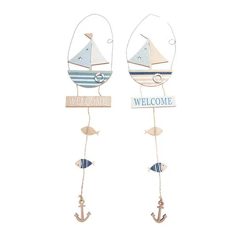 Båt för upphängning, med välkomstskylt, H46cm, Trä,/Blå