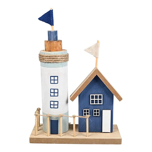 Fyr & hus för dekoration, H26cm, Trä, Blå/vit