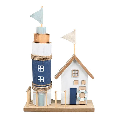 Fyr & hus för dekoration, H32cm, Trä, Blå/vit