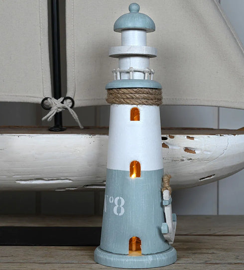 Fyr med LED, H28cm,Trä, Blå/Vit