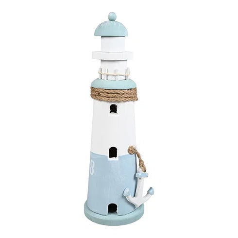 Lighthouse with LED H28cm, Wood, Blue/White