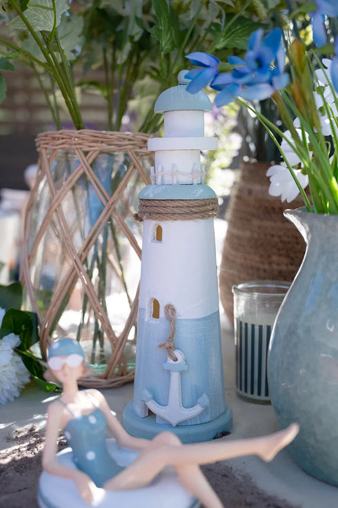 Lighthouse with LED H28cm, Wood, Blue/White