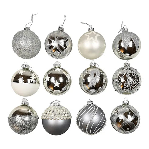 Julkulor i glas, Silver, Dia8cm, 12ass/box