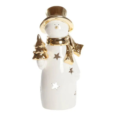 Snögubbe i porslin att ha värmeljus i, H 23cm, Vit/Guld