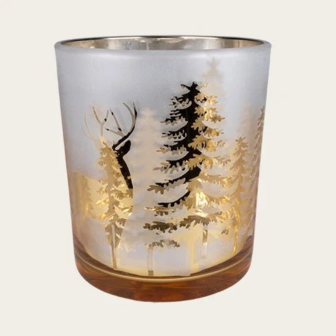 Värmeljuslykta ren & granar, H9,8cm, Glas, Silverfärgad