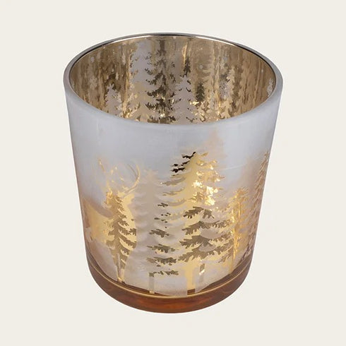 Värmeljuslykta ren & granar, H9,8cm, Glas, Silverfärgad