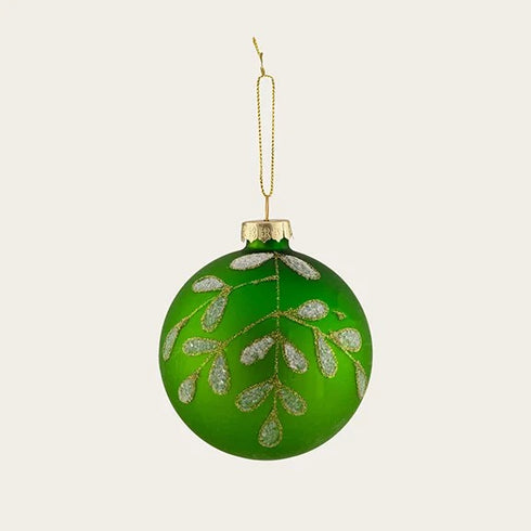 Glass bauble, green, leaf, with glitter, Dia. 8cm