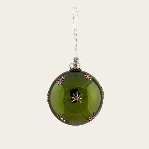 Glass bauble, green, star, with glitter, Dia. 8cm