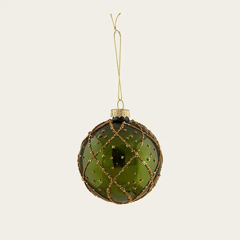 Glass bauble, green, with glitter, Dia. 8cm