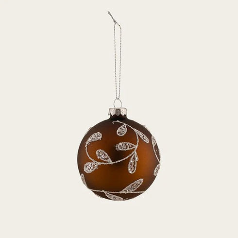 Glass bauble, brown, leaves, with glitter, Dia. 8cm