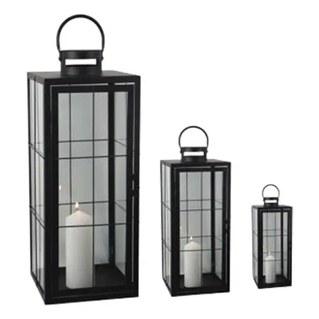 Lykta, med glaspaneler, metall, 3/set