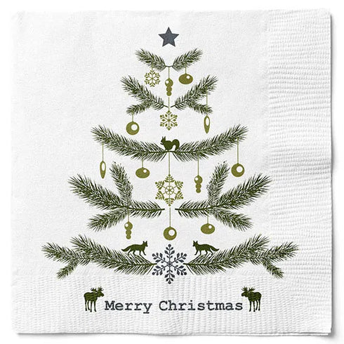 Servetter, 3-lags, Vit, Merry Christmas, Julgran