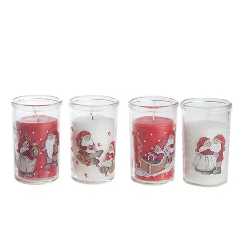 Ljus i glas med tomtemotiv, H 10cm, 4/box, Röd/Vit