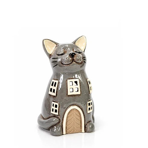 Ceramic Cat Lantern, grey, H 19cm