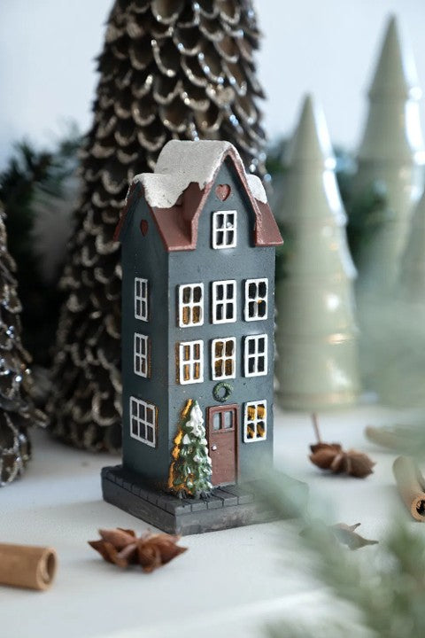 Hus fördekoration med LED timer, H 15cm, Grå/blå