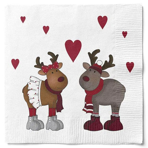 Servetter, 3-lags, Vit, Hjärtan, Dressed up Reindeers