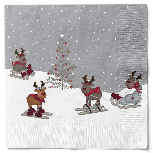 Servetter, 3-lags, Vit/Grå, Snölek, Dressed up Reindeers