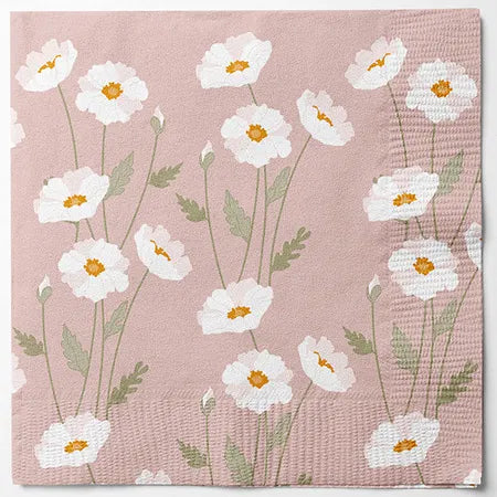 Servetter, 3-lags, Beige, Vita blommor, Hello Spring