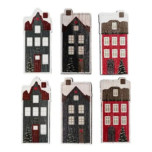 Hus med klämmor för upphängning, Winter City, H16 cm, Trä, 6/påse