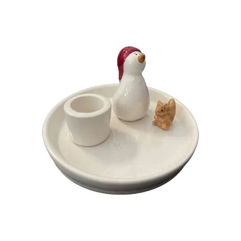 Ljusstake, H 6cm, Motiv Snögubbe & Ekorre, Vit