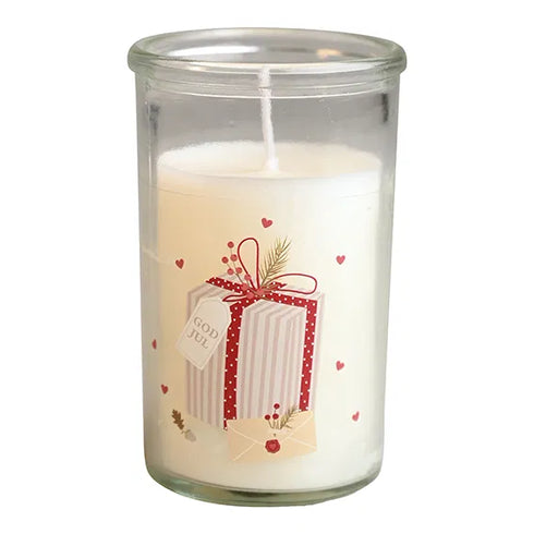 Ljus i glas med julklappsmotiv