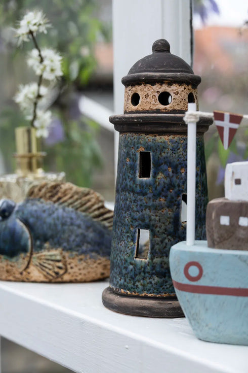 Fyrtorn för dekoration, H20cm, Stengods, Blå