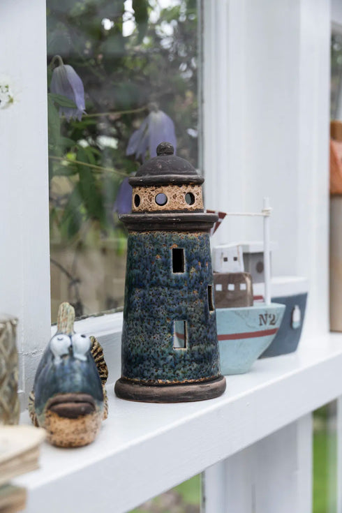 Fyrtorn för dekoration, H20cm, Stengods, Blå