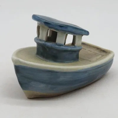 Båt m. ljus, H 8,3 cm, Stengods, Blå