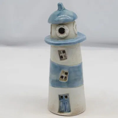 Lighthouse with light for decoration, H 16.5 Stoneware, Blue