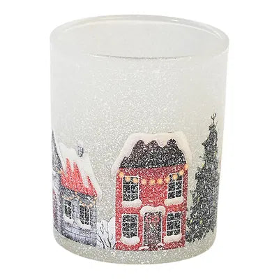 Värmeljuslykta vinterstad, H8,2cm, Glas, Vit