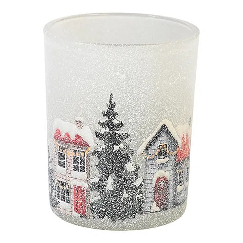 Värmeljuslykta vinterstad, H12,5cm, Glas, Vit