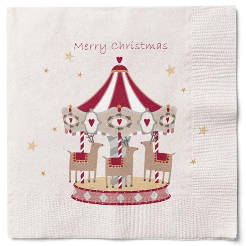 Servetter, 3-lags, Beige, Merry Christmas, Julkarusell