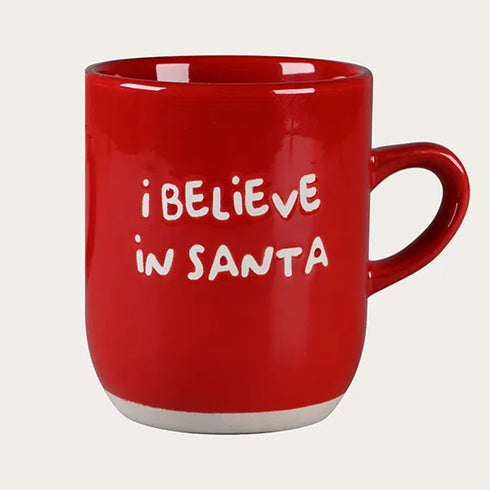 Textmugg, I Believe in Santa, H 9,5 cm, Röd