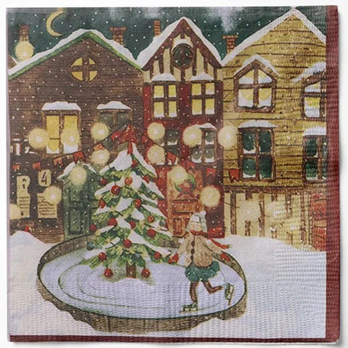 Servetter, 3-lags, Grön/Gul, Julstad