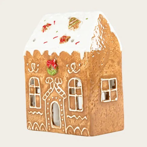 Ljusstake pepparkakshus, H11,8cm, Dolomit, Brun