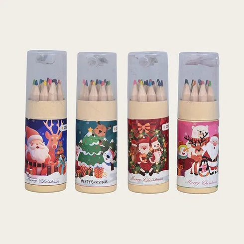 Färgpennor med pennvässare, julfärger, Trä, 12/set, 4 varianter, H 9,5cm