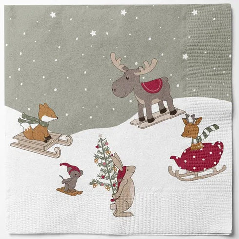 Servetter, 3-lags, Vit/Grön, Snölek, Nordic Pixie
