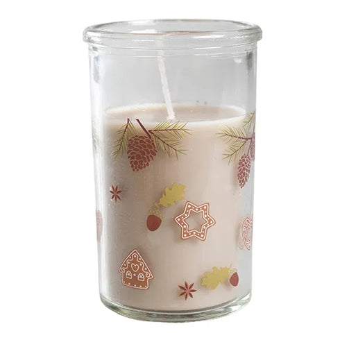 Ljus i glas med juldekoration