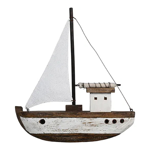 Skepp i trä med segel, H27,5cm, vit